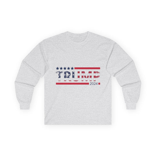 Political Long Sleeve Tee — 'Trump 2024' Flag Front & 'White Skin Right Skin' Back