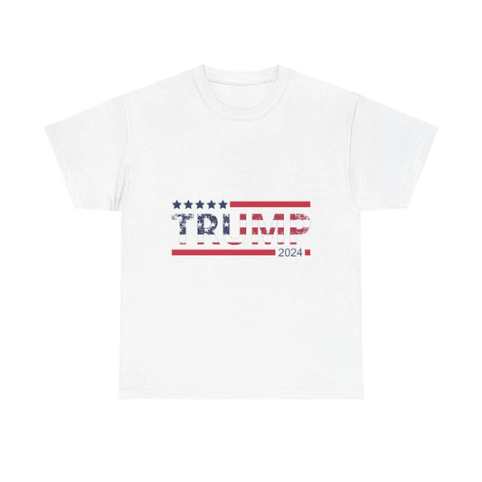 White T-shirt with distressed American flag design spelling TRUMP and text 2024