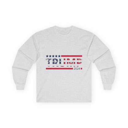 Political Long Sleeve Tee — 'Trump 2024' Flag Front & 'White Skin Right Skin' Back