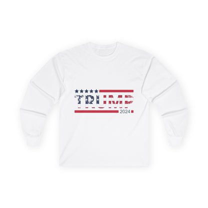 Political Long Sleeve Tee — 'Trump 2024' Flag Front & 'White Skin Right Skin' Back